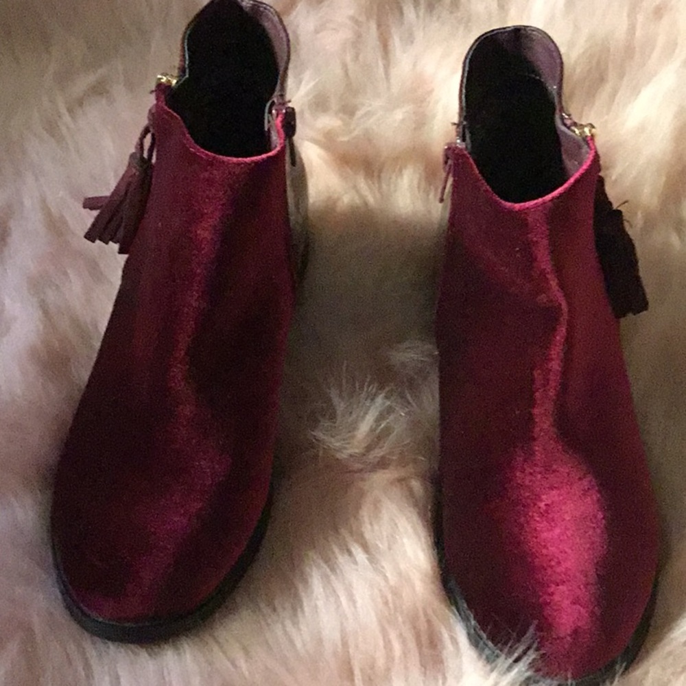Burgundy Velour / snake ankle boots